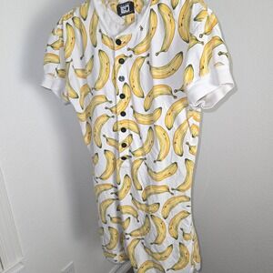 Left Coast Banana Print Pajama Onesie Romper Button Front Short Sleeve S